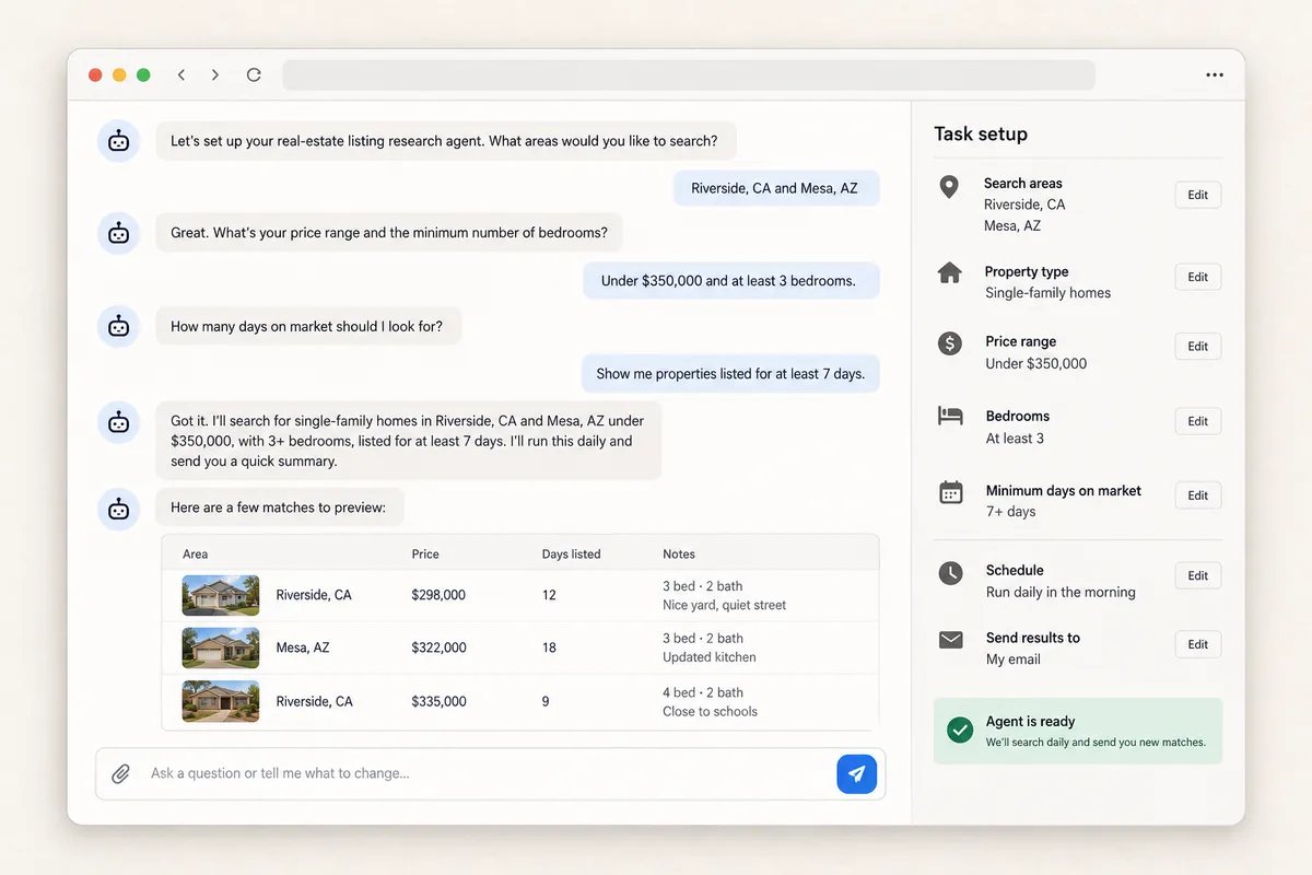 Product mock-up of the AI Deal Finder agent finding sitting listings